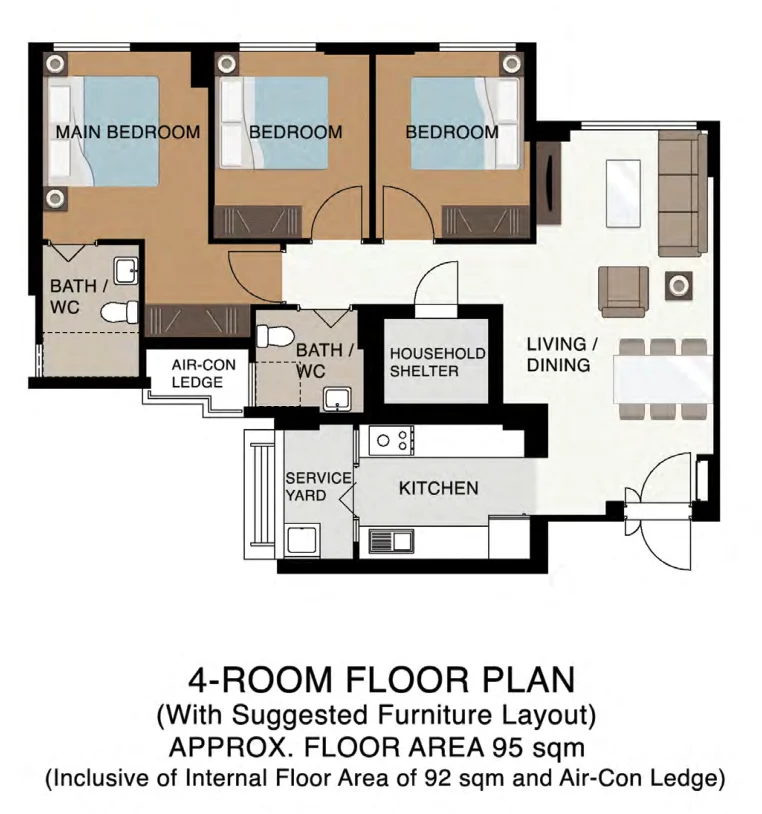 HDB floor plan of a 4-room flat at Plantation Grange, about 95 sqm
