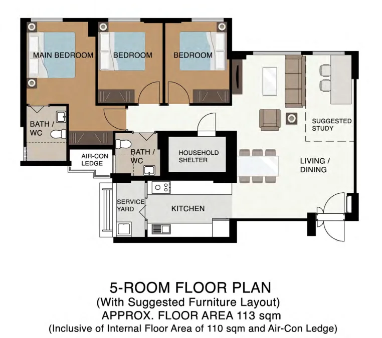 HDB floor plan of a 5-room flat at Plantation Grange, about 113 sqm