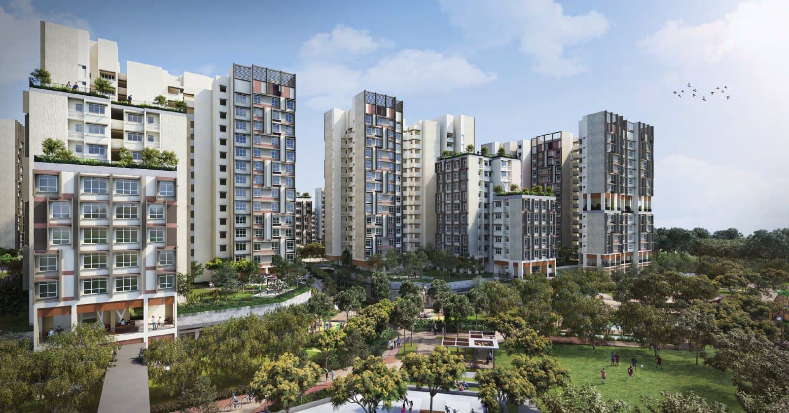 Artist’s impression of Plantation Grange: stepped white and grey HDB blocks with roof gardens above a landscaped deck with trees and footpaths