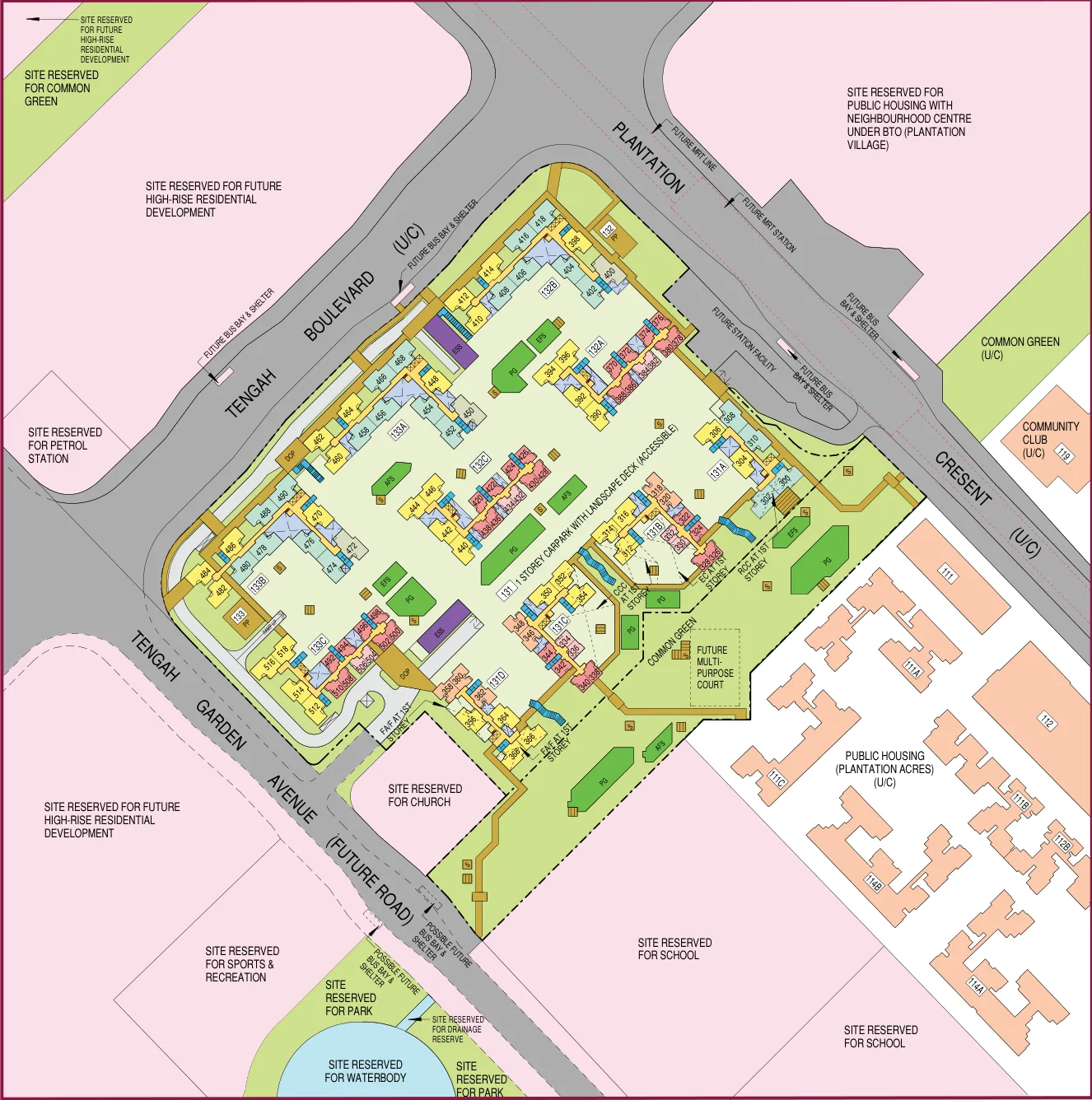 HDB site plan of Plantation Grange, blocks 131A, 131B, 131C, 131D, 132A, 132B, 132C, 133A, 133B and 133C