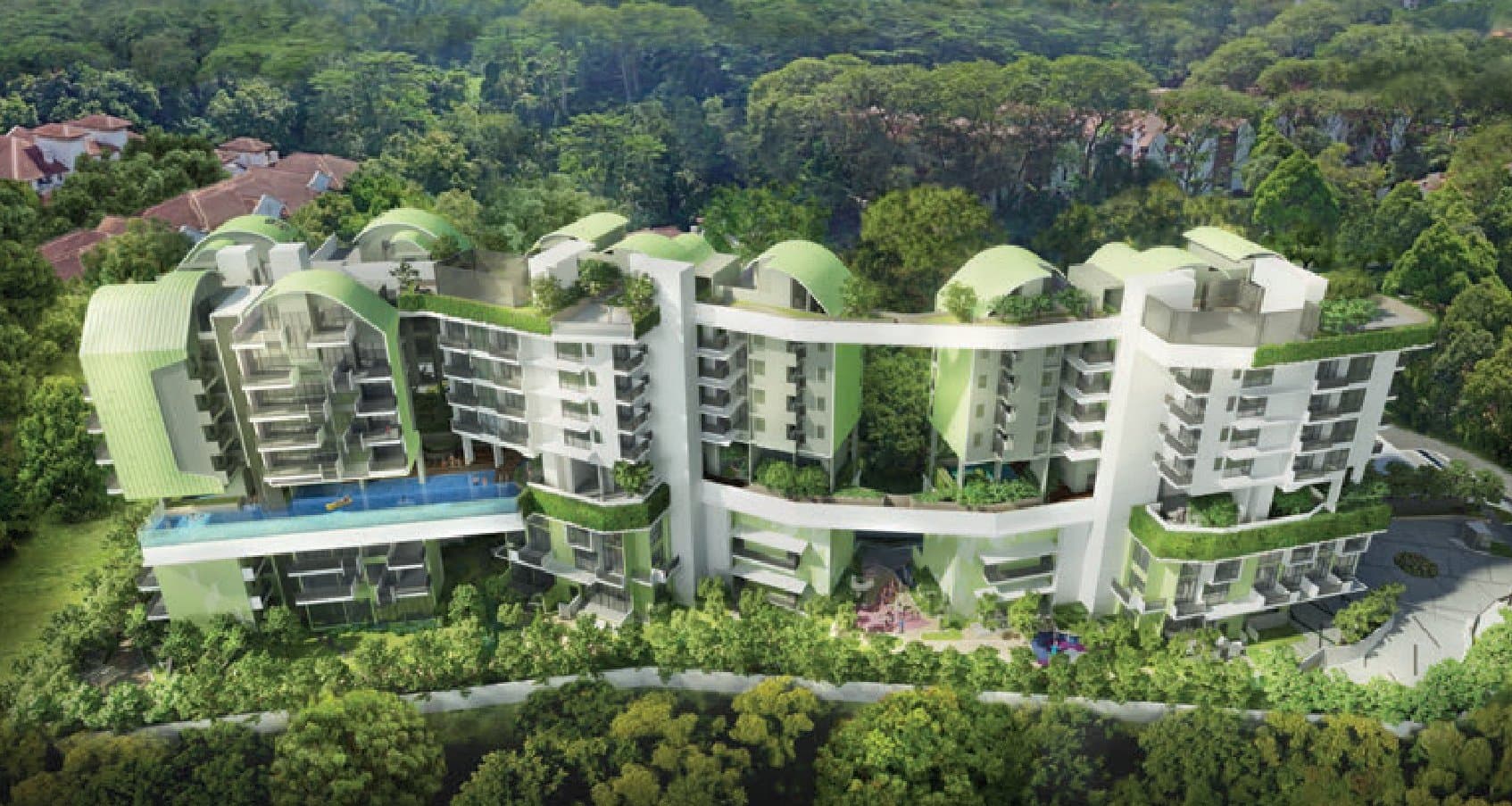 Pollen & Bleu: three 8-storey towers with curved green roofs and a pool deck, set in the trees off Farrer Drive
