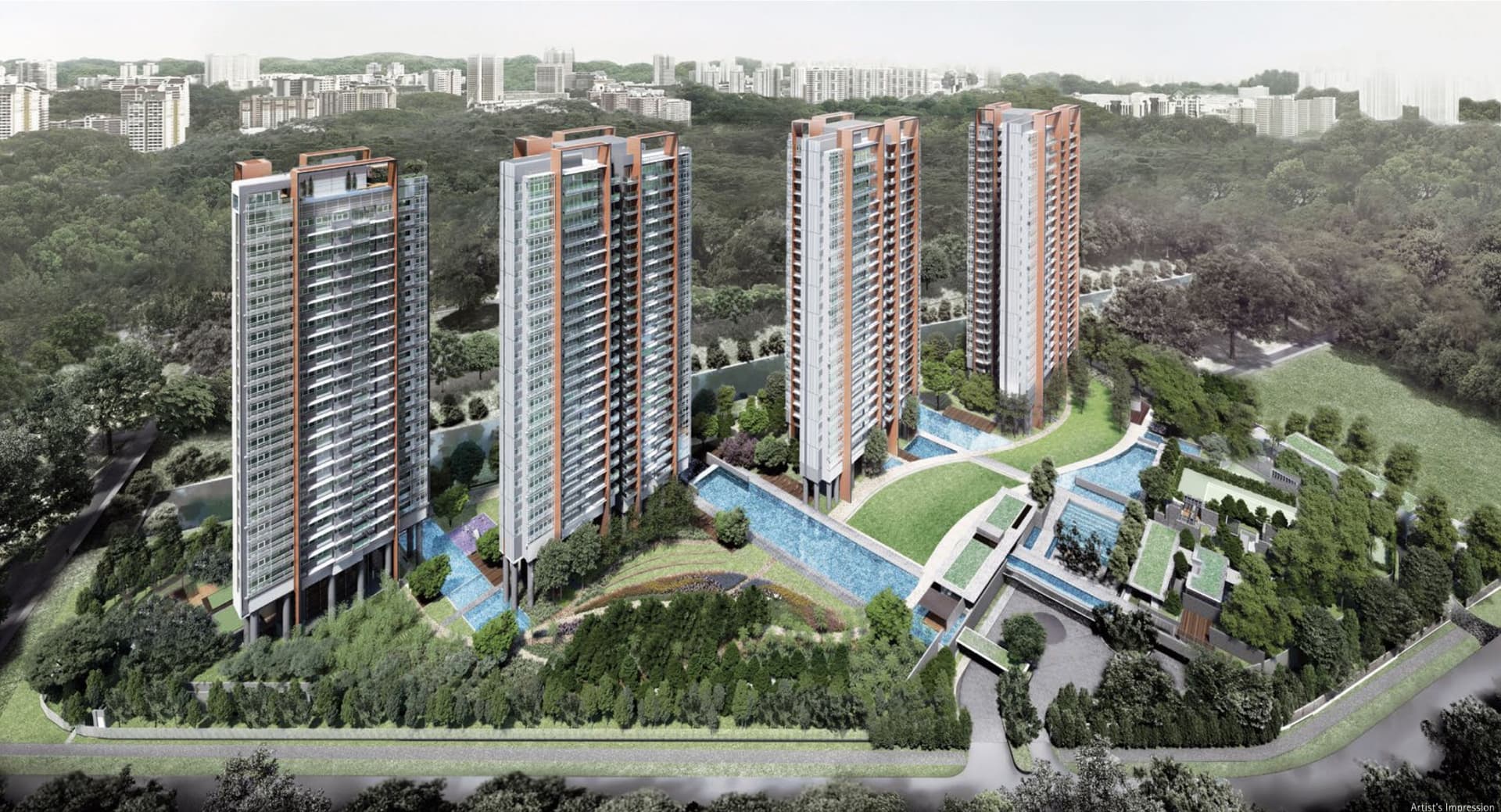 Artist's impression of Principal Garden: four towers above the gardens and pools by Alexandra Canal