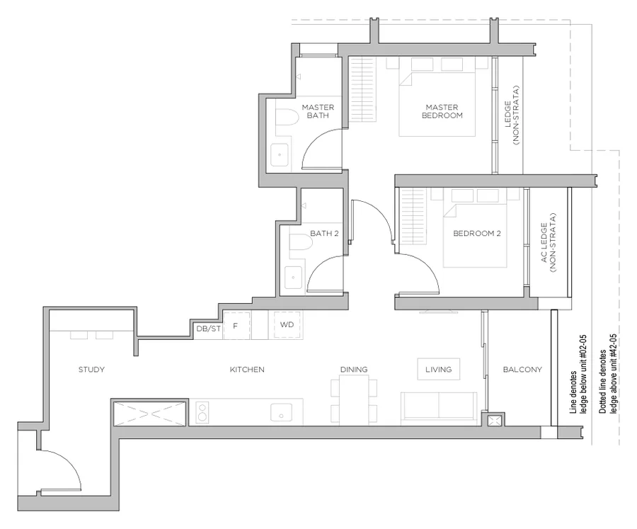 Floor plan of Promenade Peak type BS1, 2 Bedroom + Study, 764 sq ft