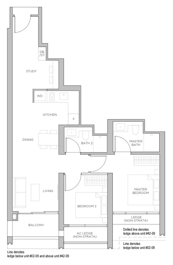 Floor plan of Promenade Peak type BS3, 2 Bedroom + Study, 797 sq ft
