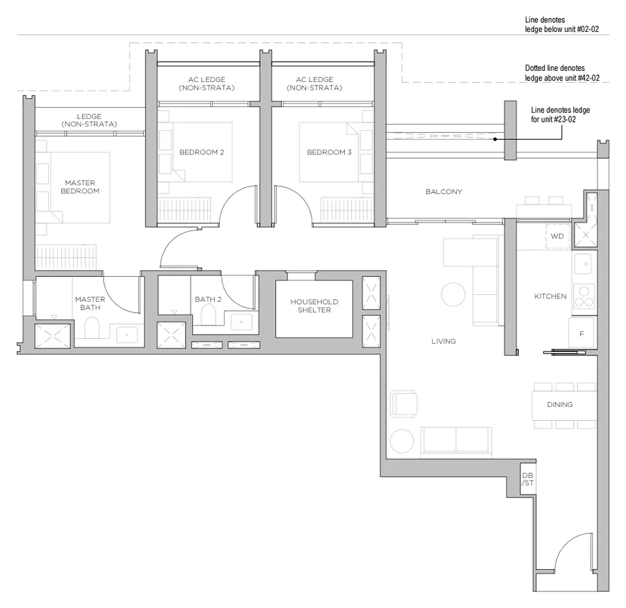 Floor plan of Promenade Peak type C1, 3 Bedroom, 1,076 sq ft