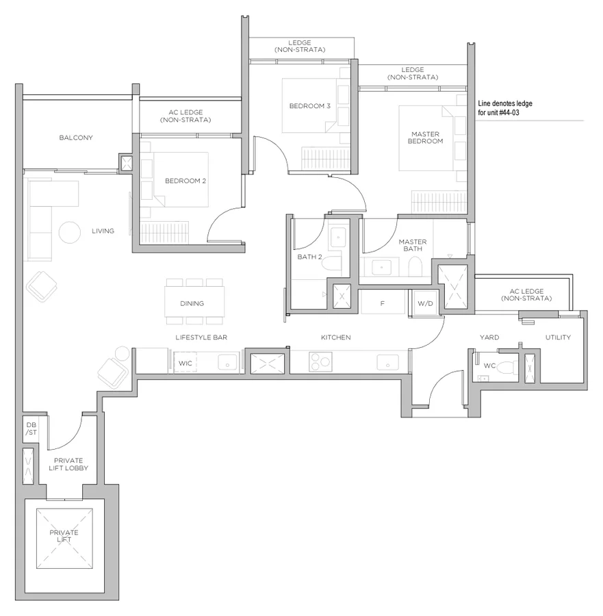 Floor plan of Promenade Peak type CP1, 3 Bedroom Premium, 1,195 sq ft