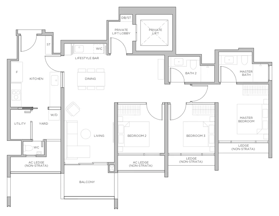 Floor plan of Promenade Peak type CP2, 3 Bedroom Premium, 1,163 sq ft
