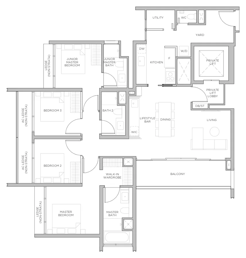 Floor plan of Promenade Peak type DP2, 4 Bedroom Premium, 1,421 sq ft