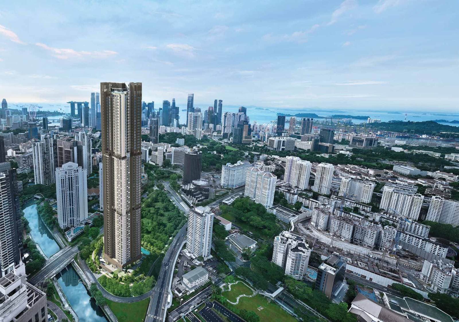 Artist's impression of Promenade Peak from the air: one 63-storey tower beside the Alexandra Canal, with the city skyline and Marina Bay behind it