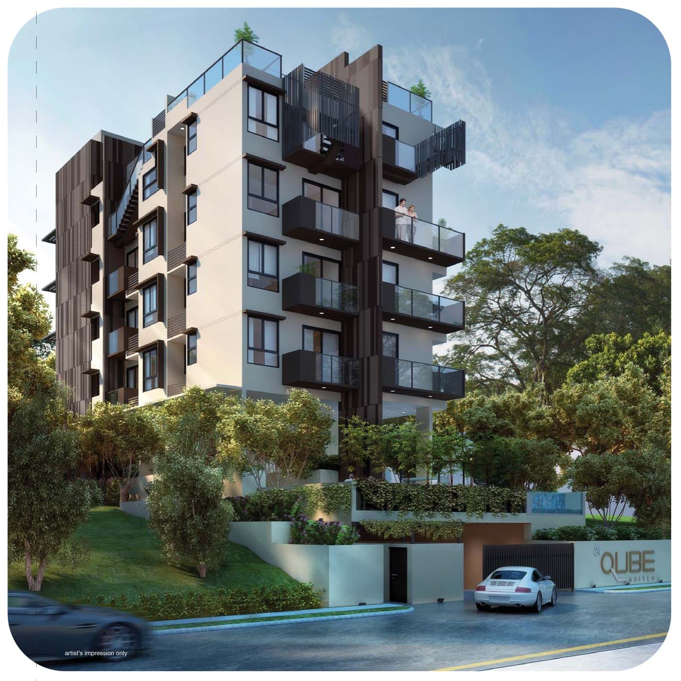 Qube Suites: a 5-storey block with timber-screened balconies above the drive-in at Jalan Punai