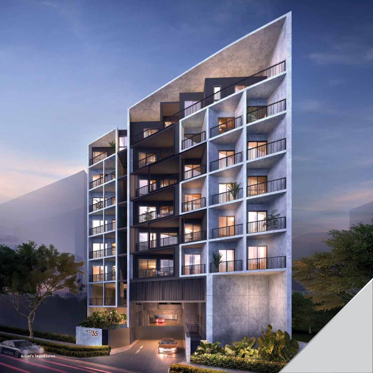 Rezi 35: the eight-storey block with its stepped balconies and angled screen wall, at dusk