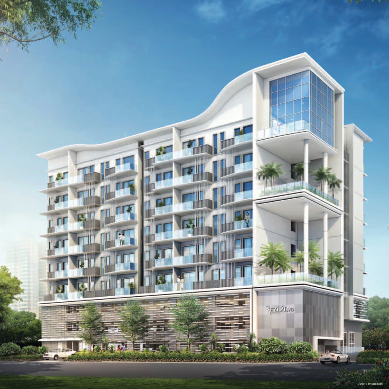 Rezi 3two: the 8-storey block with its curved white roof line and glass corner balconies