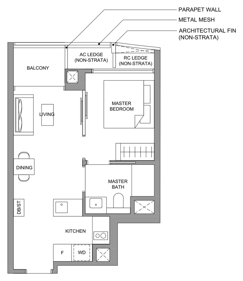 Floor plan of River Green type A2, 1-Bedroom, 420 sq ft