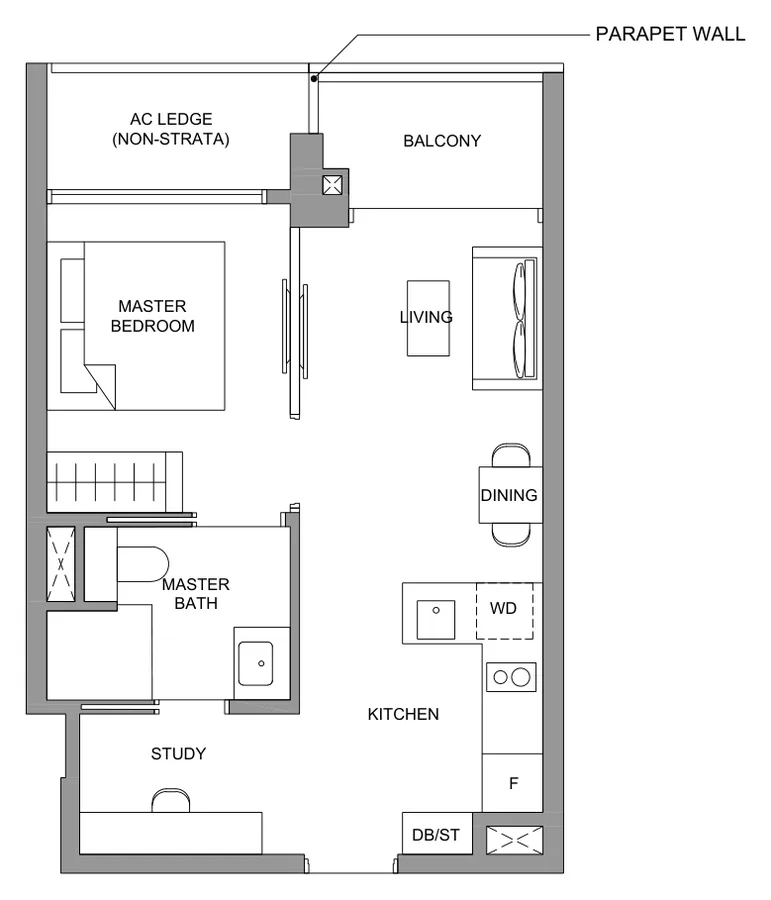 Floor plan of River Green type AS1, 1-Bedroom + Study, 452 sq ft