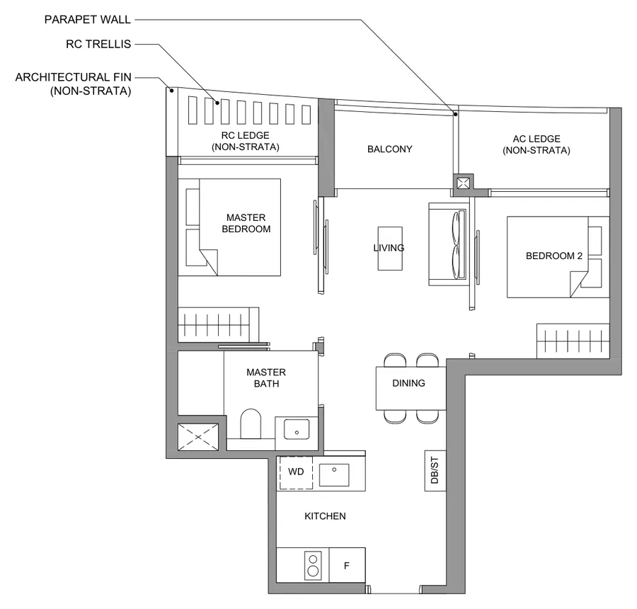 Floor plan of River Green type B1, 2-Bedroom, 527 sq ft
