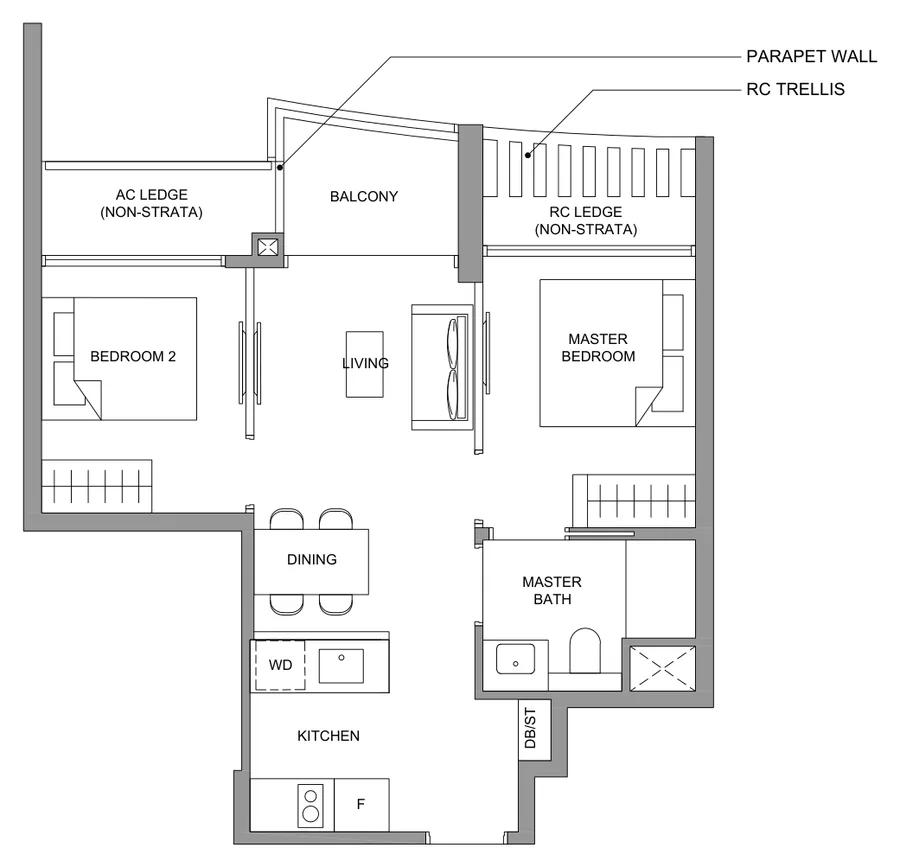 Floor plan of River Green type B2, 2-Bedroom, 527 sq ft