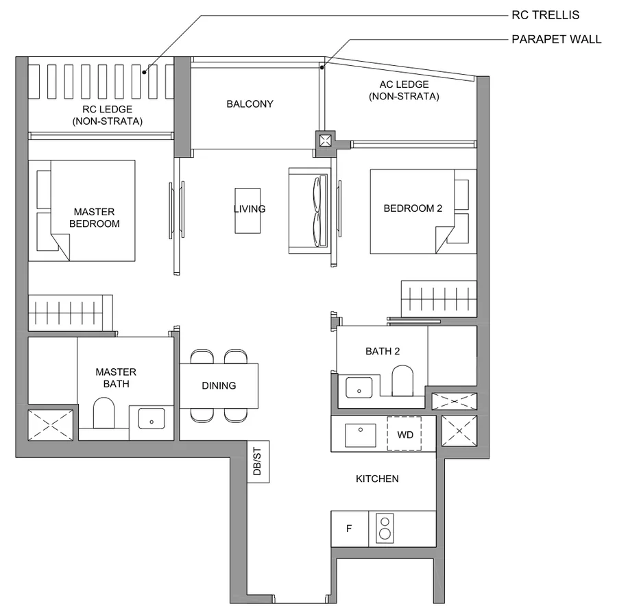 Floor plan of River Green type BP1, 2-Bedroom Premium, 603 sq ft