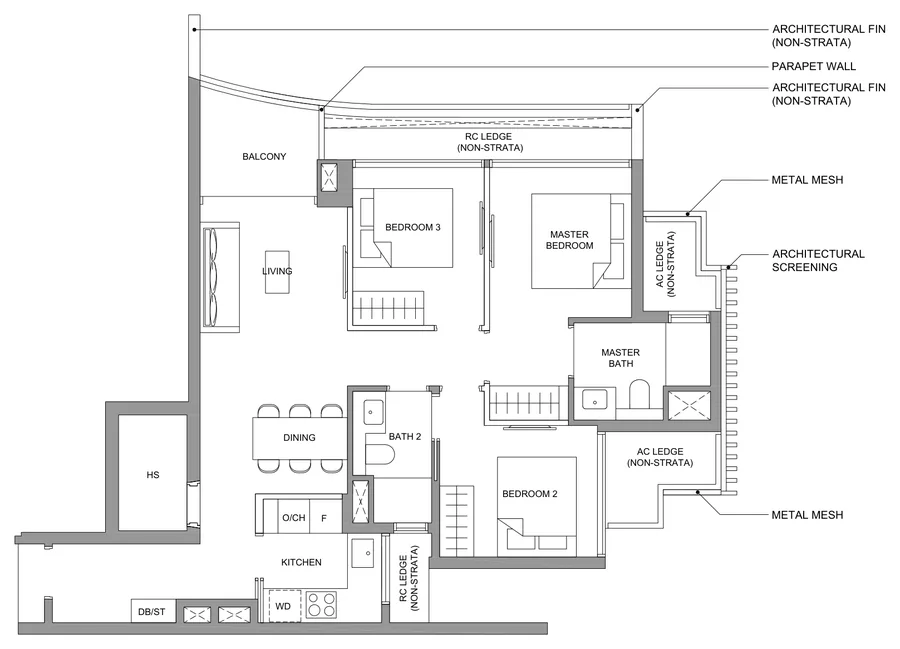 Floor plan of River Green type C2, 3-Bedroom, 872 sq ft