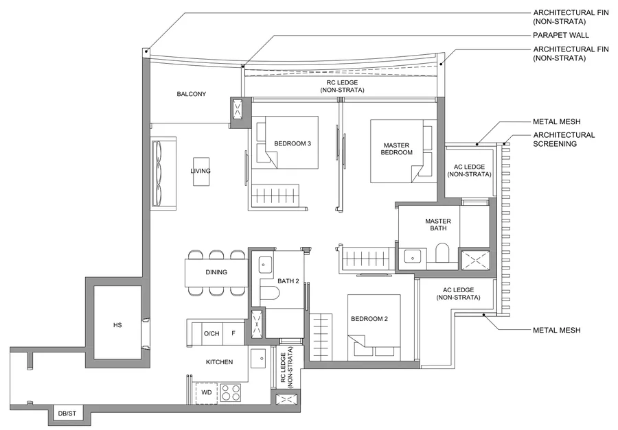 Floor plan of River Green type C3, 3-Bedroom, 883 sq ft