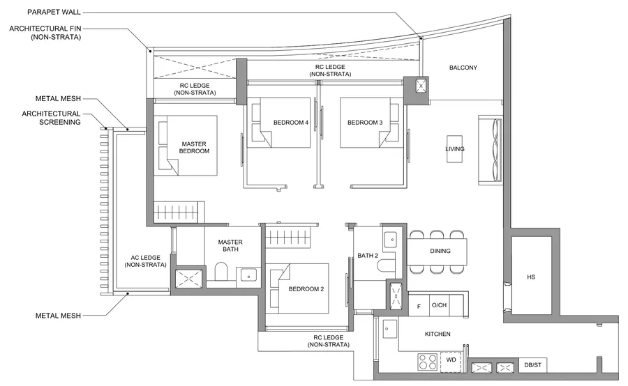 Floor plan of River Green type D1, 4-Bedroom, 980 sq ft