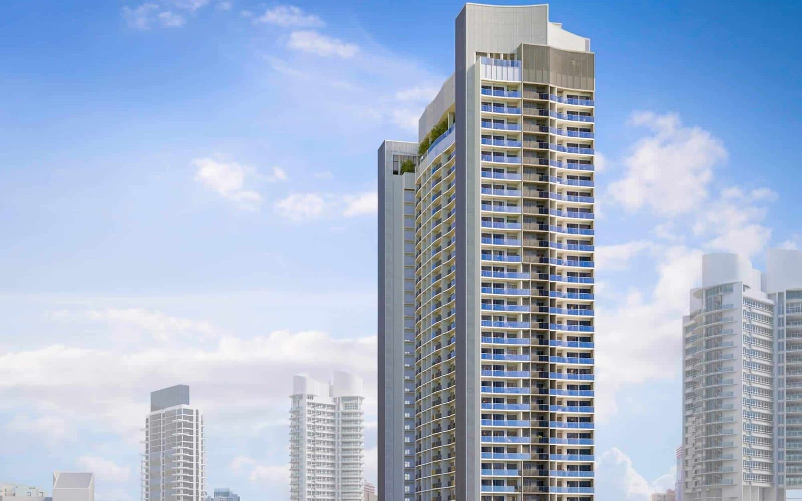 Artist's impression of River Green's 36-storey tower and its curved crown against the River Valley skyline