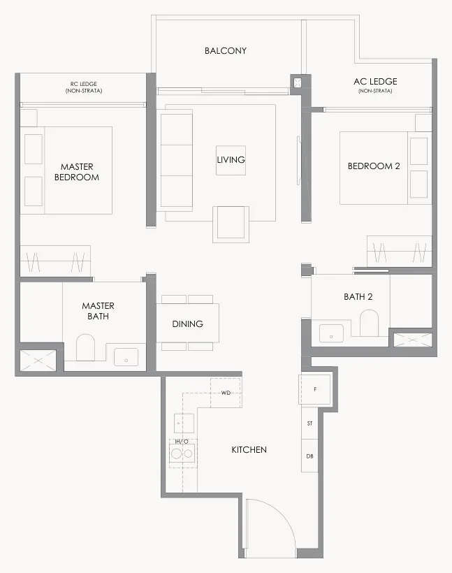 Floor plan of River Modern type B3, 2-Bedroom, 678 sq ft
