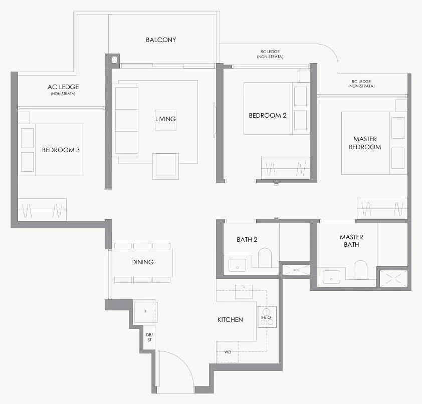 Floor plan of River Modern type C2, 3-Bedroom, 829 sq ft