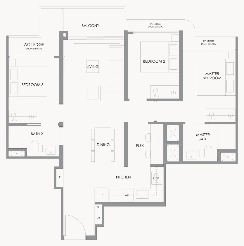 Floor plan of River Modern type C3, 3-Bedroom, 893 sq ft