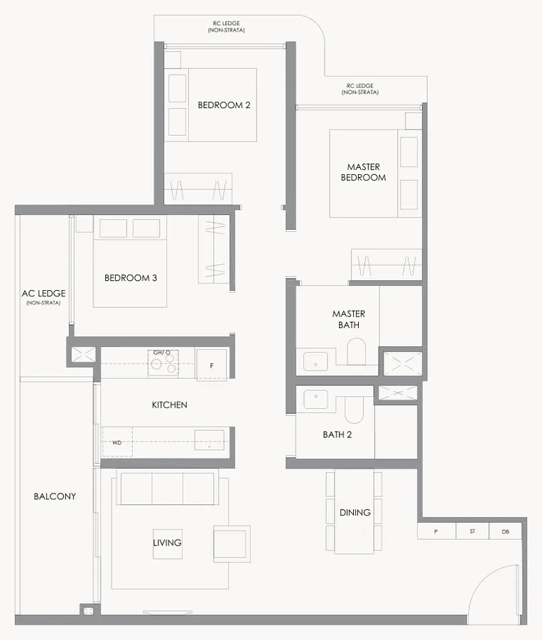 Floor plan of River Modern type C4, 3-Bedroom, 904 sq ft