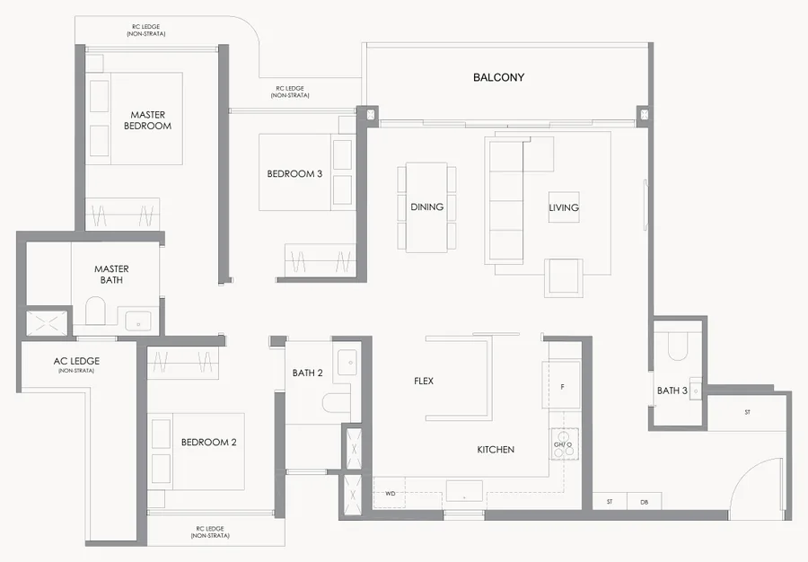 Floor plan of River Modern type C6, 3-Bedroom, 1,109 sq ft