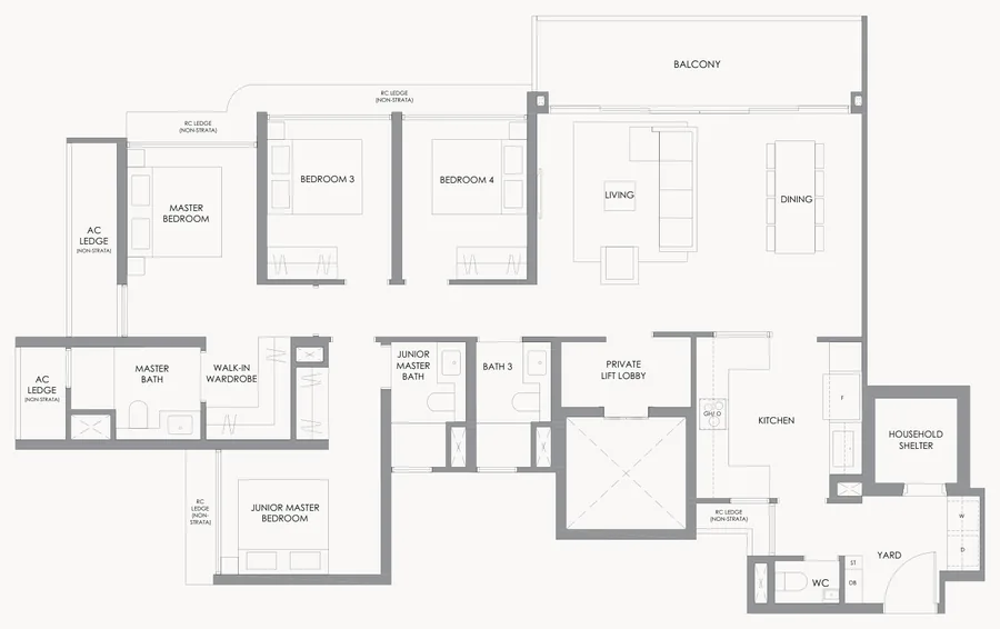 Floor plan of River Modern type D1, 4-Bedroom, 1,464 sq ft