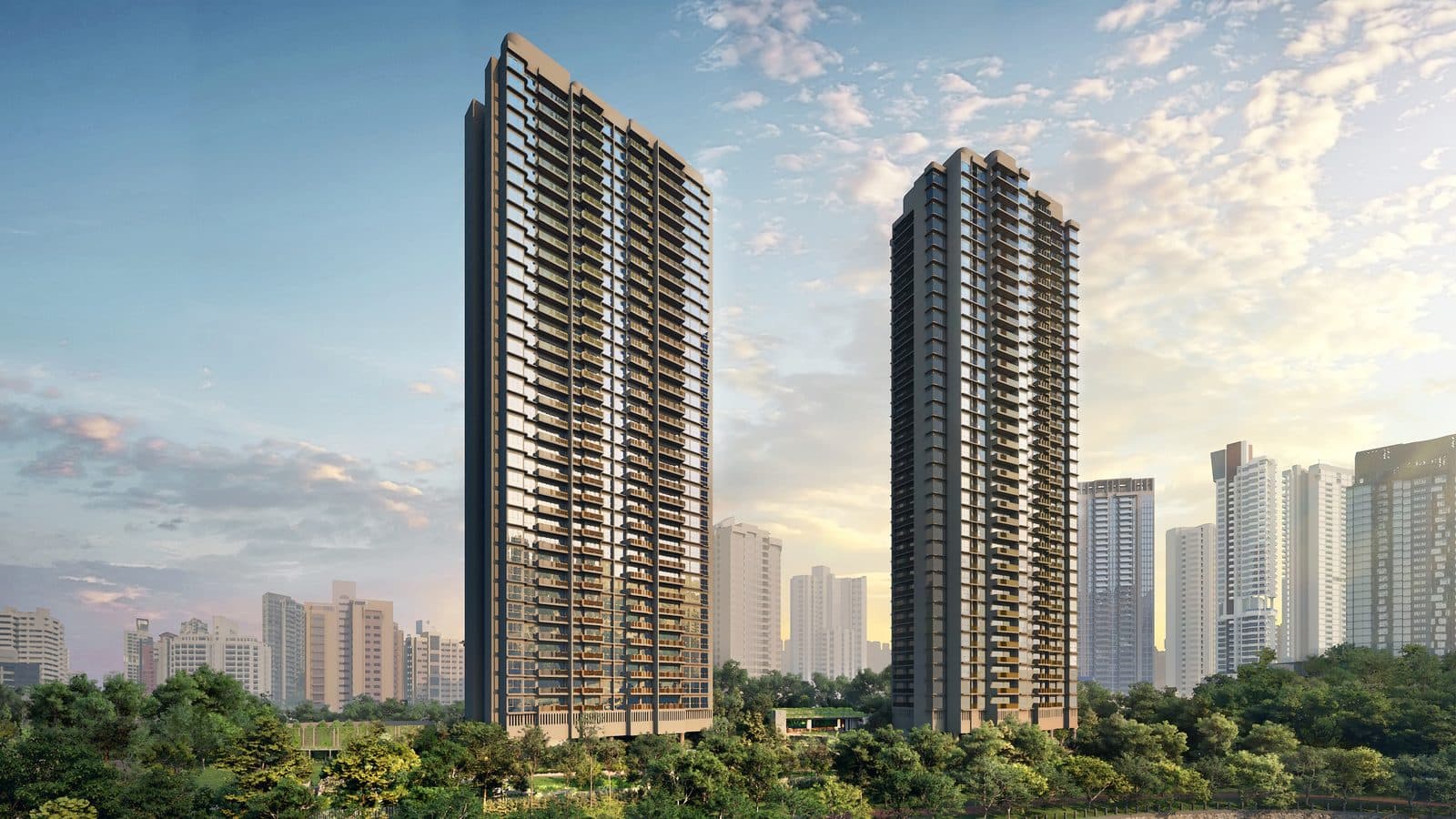 Artist's impression of River Modern's two 36-storey towers rising above the trees of Kim Seng Park