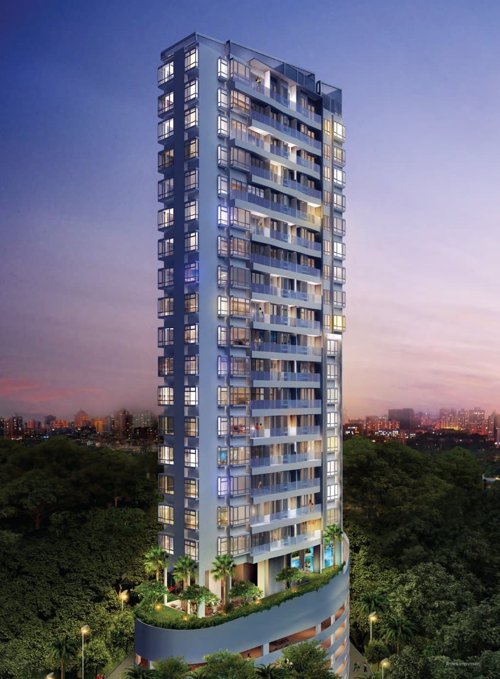 Riverbay, artist's impression: the tower at dusk above its landscaped car park podium