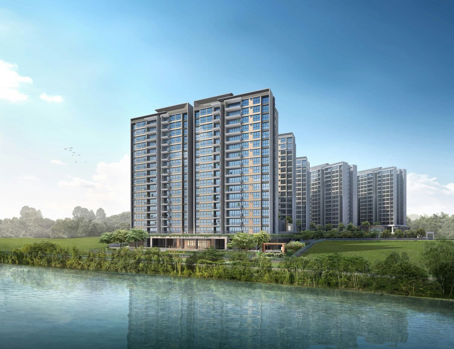 Rivercove Residences, artist's impression: the blocks seen across Punggol Reservoir