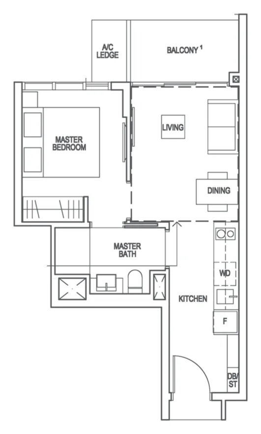 Floor plan of Riverfront Residences type A1, 1-Bedroom, 463 sq ft