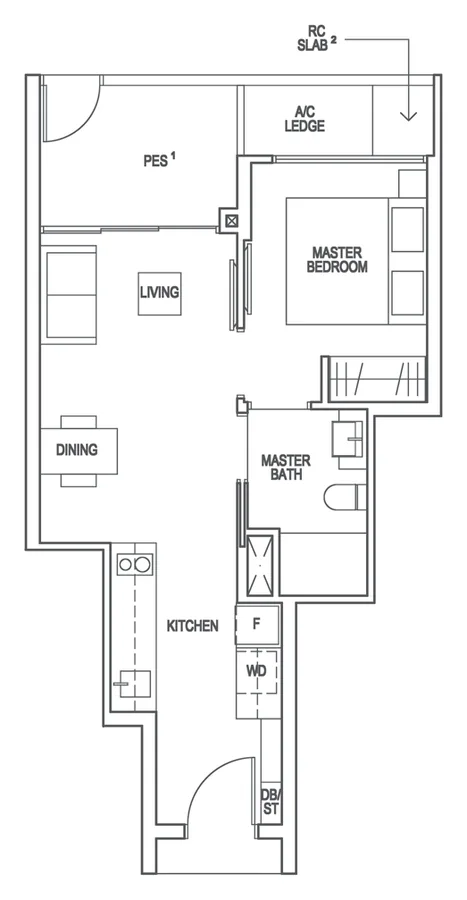 Floor plan of Riverfront Residences type A2-P, 1-Bedroom, 517 sq ft