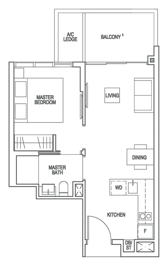 Floor plan of Riverfront Residences type A3-P, 1-Bedroom, 517 sq ft