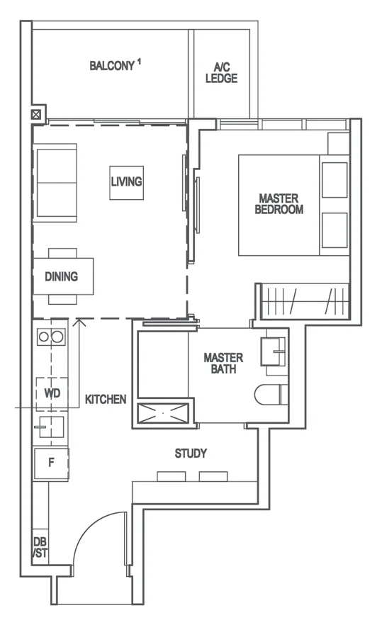 Floor plan of Riverfront Residences type AS1, 1-Bedroom + Study, 517 sq ft