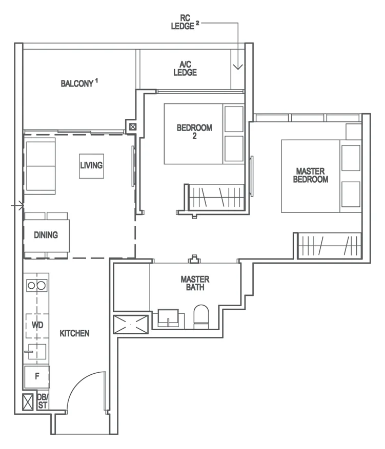 Floor plan of Riverfront Residences type B2, 2-Bedroom, 614 sq ft