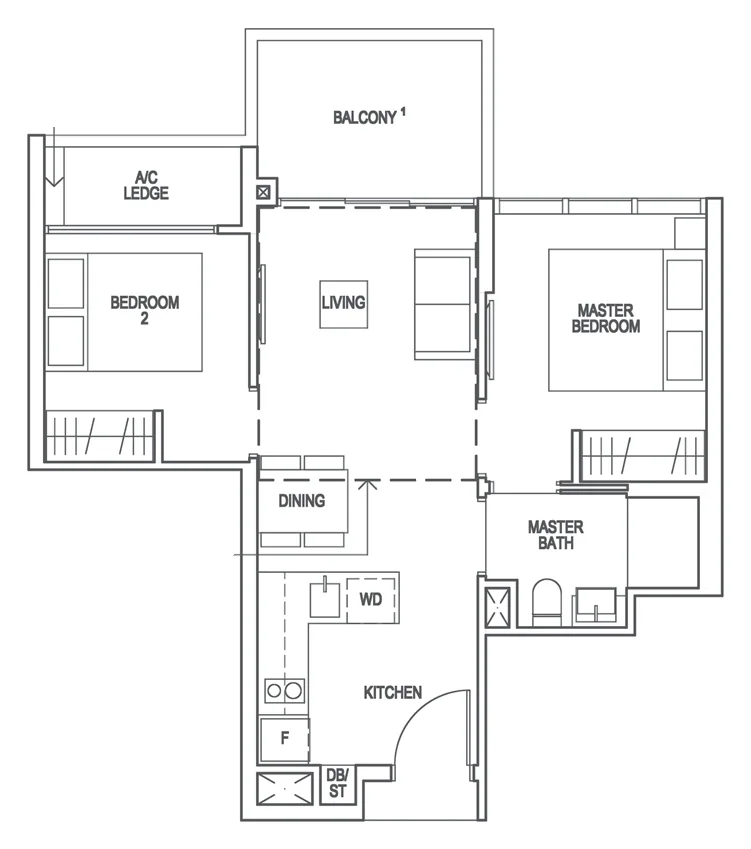 Floor plan of Riverfront Residences type B3, 2-Bedroom, 614 sq ft