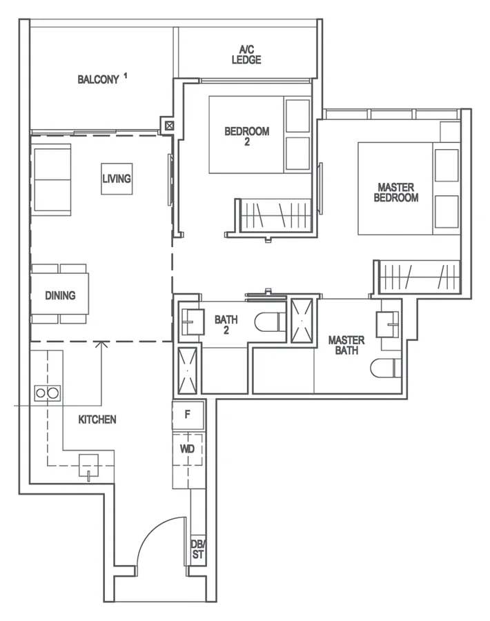 Floor plan of Riverfront Residences type BP1, 2-Bedroom Premium, 721 sq ft
