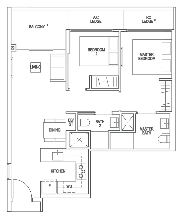 Floor plan of Riverfront Residences type BP2, 2-Bedroom Premium, 753 sq ft