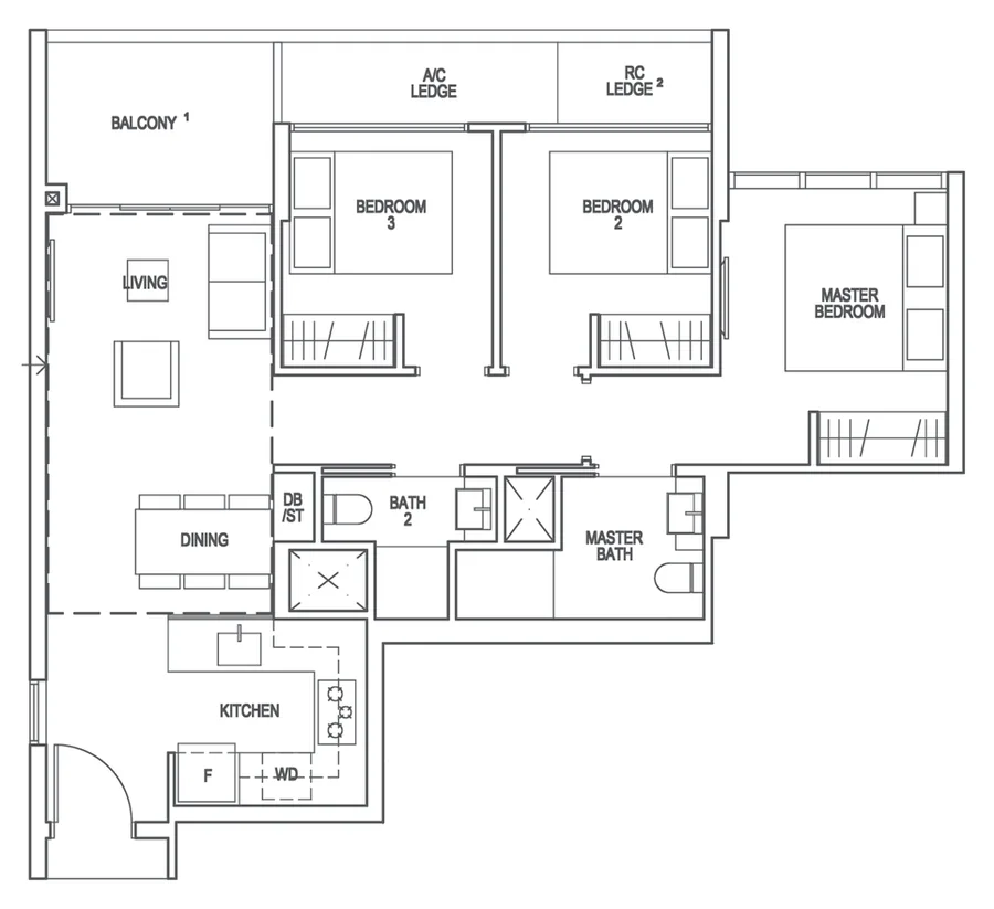 Floor plan of Riverfront Residences type C1, 3-Bedroom, 872 sq ft