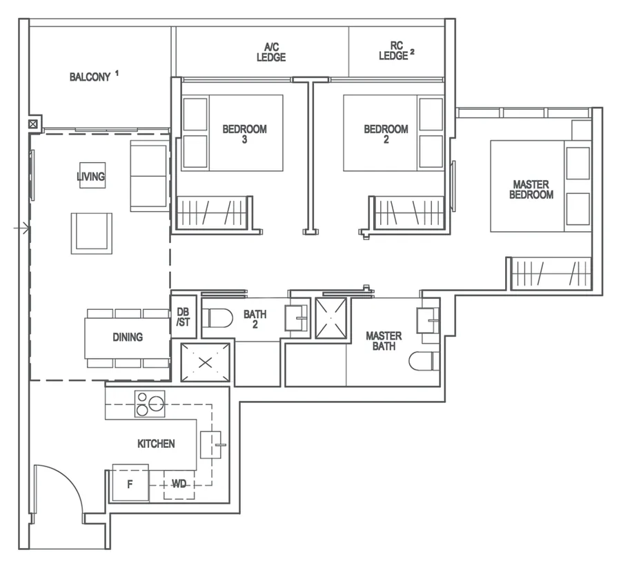Floor plan of Riverfront Residences type C1a, 3-Bedroom, 872 sq ft