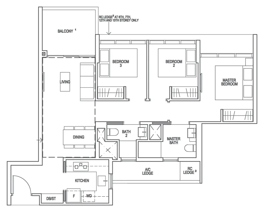 Floor plan of Riverfront Residences type C2, 3-Bedroom, 915 sq ft