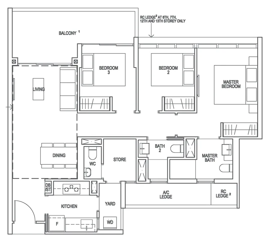Floor plan of Riverfront Residences type CP1, 3-Bedroom Premium, 1,066 sq ft