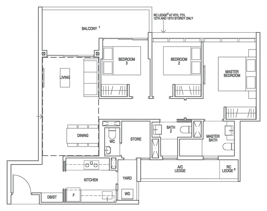 Floor plan of Riverfront Residences type CP2, 3-Bedroom Premium, 1,109 sq ft