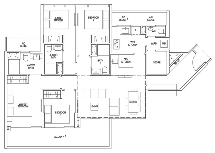 Floor plan of Riverfront Residences type D1, 4-Bedroom, 1,410 sq ft