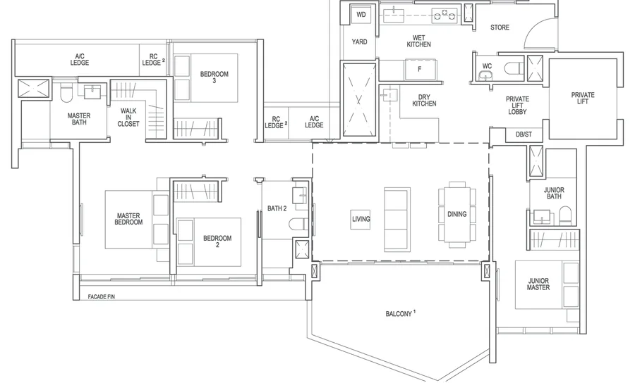 Floor plan of Riverfront Residences type DP1, 4-Bedroom Premium, 1,485 sq ft