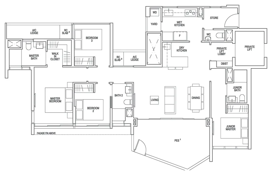 Floor plan of Riverfront Residences type DP2-P, 4-Bedroom Premium, 1,496 sq ft
